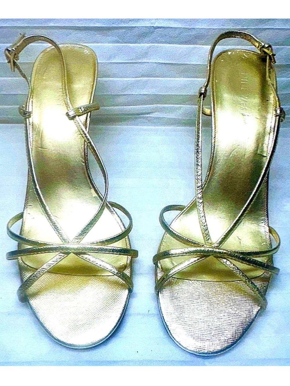 🔱NINE WEST🔱 LEATHER METALLIC STRAPY 3.9” HIGH HEEL SANDALS
